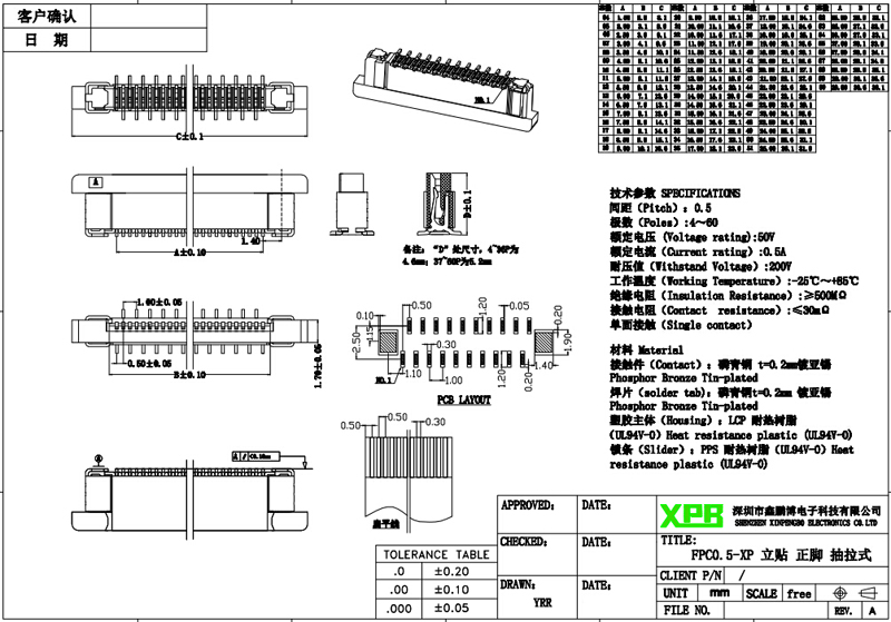 0.5mm間距FPC連接器規(guī)格書圖紙 0.5mm間距FPC連接器規(guī)格書圖紙